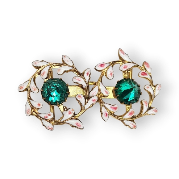 Art Deco Rhinestone Belt Buckle Floral Enamel Inverted Green Glass Vtg 1930s 40s